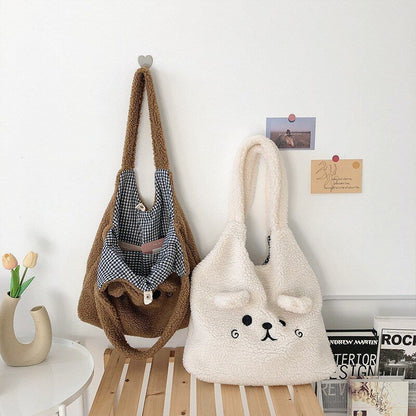 Winter Soft Plush Bag Women Cartoon Embroidery Imitation Lamb Hair Shoulder Bag