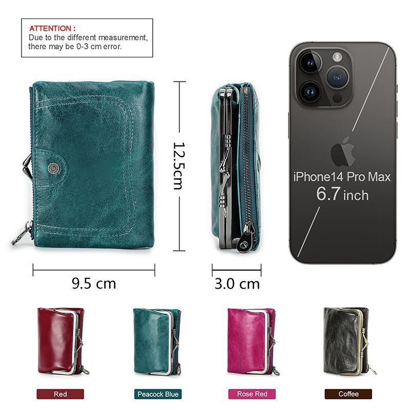 Small Metal Frame Purse Genuine Leather Wallet Hasp Zipper Coins Cards Holder