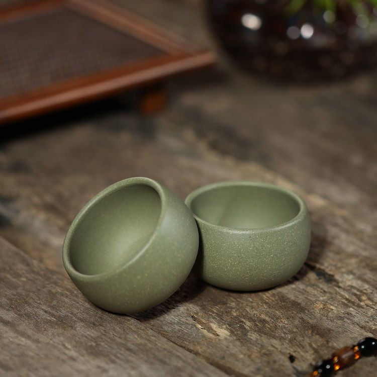Set of 2 Yixing Handmade Bean Green Clay Zisha Teacup 60cc Gongfu Cup