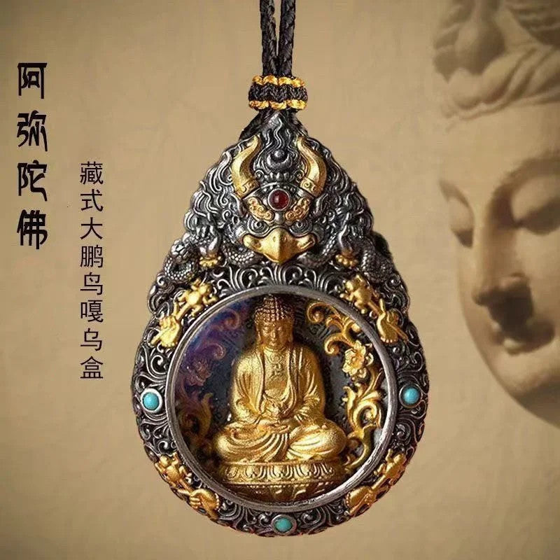 Tibetan Chinese Retro Handcarved Buddha Statue Pendant Amulet Necklace Jewelry