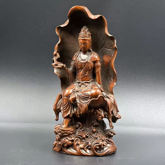 Chinese Boxwood Carving Lotus Leaf Kwan Yin Statue Wood Figurine Decoration Art