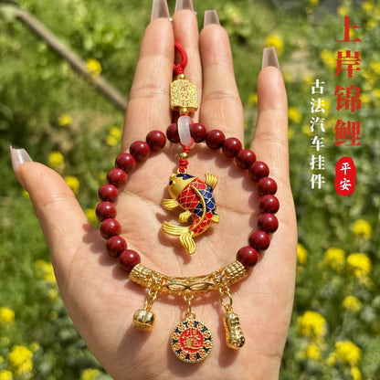Koi Fish Car Pendant Gold Plated Red Bead Car Mirror Hanger Lucky Charm