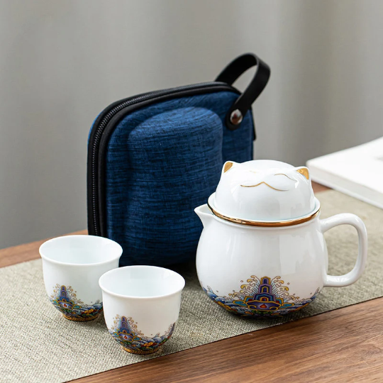 Ceramic Tea cups and Sets Cute Cat Portable Tea Set with Travel Case