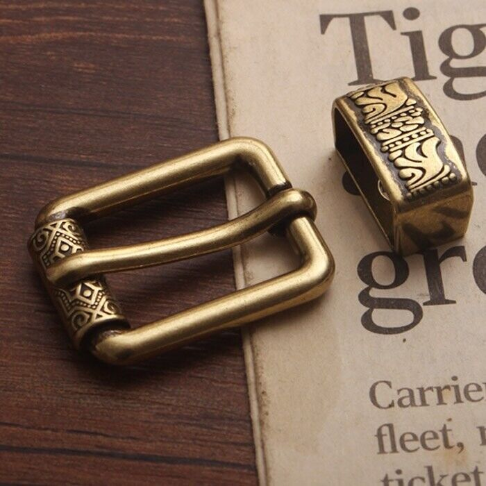 Men Belt Buckle Pin 2Pcs DIY Vintage Brass Carved Pattern Leather Craft Part 2cm