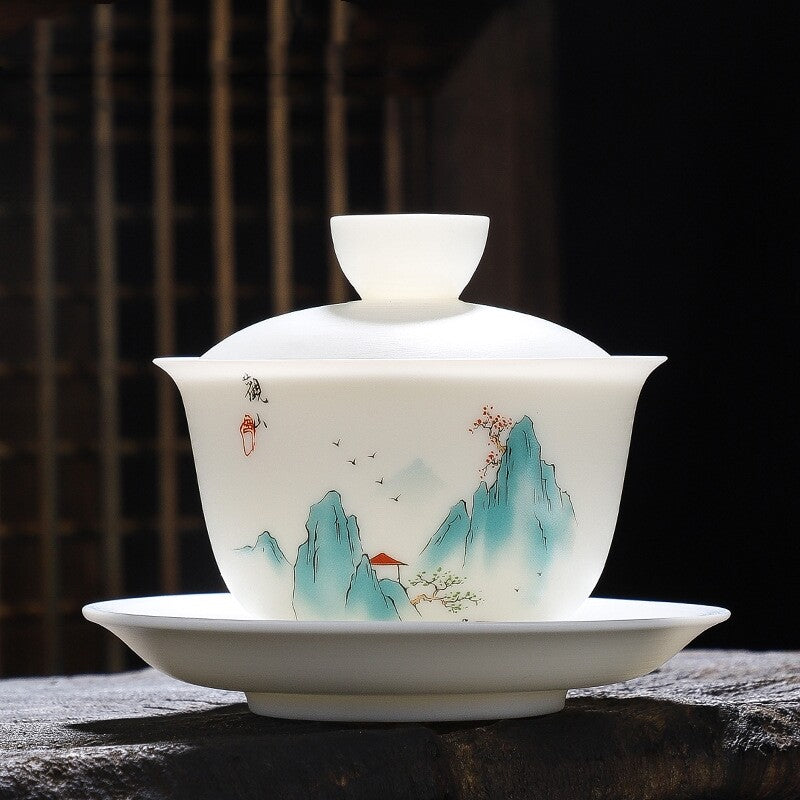 Jade Porcelain Gaiwan Hand Drawing Boutique Tureen Cup Saucer Lid Sancai Bowl