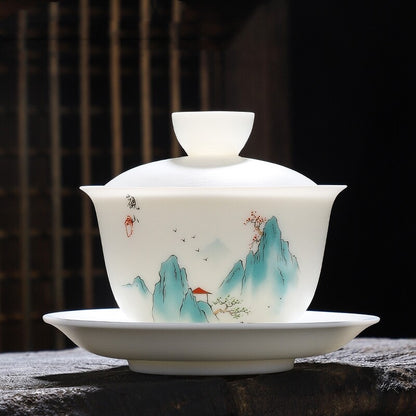 Jade Porcelain Gaiwan Hand Drawing Boutique Tureen Cup Saucer Lid Sancai Bowl