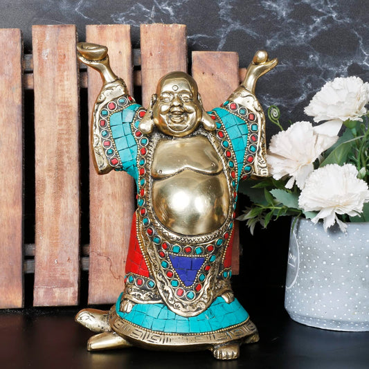 Feng Shui Laughing Buddha Standing on Tortoise Brass Statue Idol Home Decor