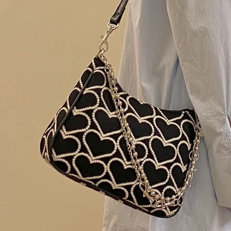 Fashion Handbags Heart Shape Embroidered Shoulder Bag Gothic Tote Canvas Bag 1PC