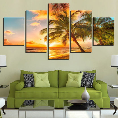 Tropical Beach Sunset Poster Painting 5 Panel Canvas Print Wall Art Home Decor