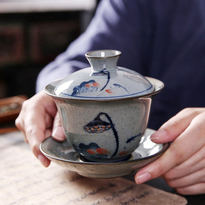 Ceramic Opening Vintage Landscape Gaiwan For Tea Tureen Lid Lotus Teaware