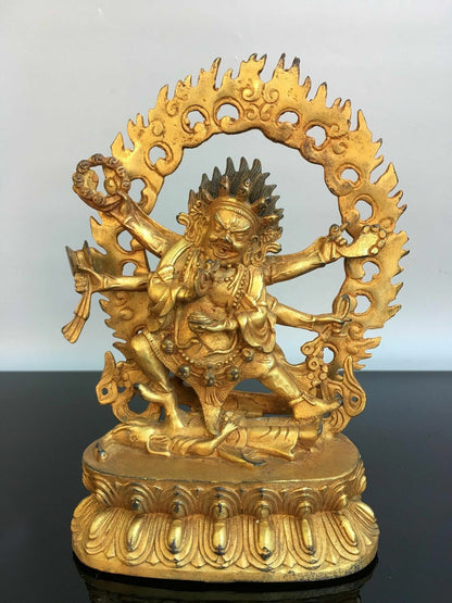 8.6" Antique Old Tibetan Buddhism Bronze Gilt Six Arms Vajra Buddha Statue
