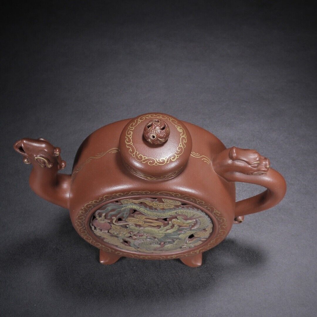 Chinese Yixing Zisha Clay Handmade Exquisite Teapot （龙凤呈祥（描金） 底款：陈鸣远）