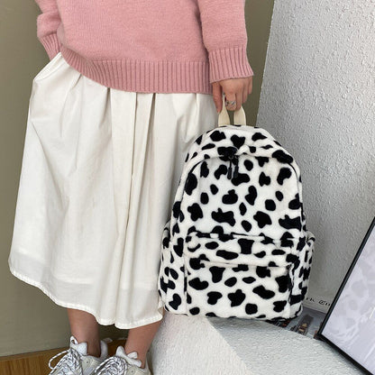 Warm Plush Backpack Teenager School Bag Cow Print Multi-Pocket Travel 37*27*10CM