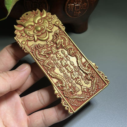 Vintage Brass Cinnabar Tai Sui General Token Feng Shui Lucky Pendant 11.5cm