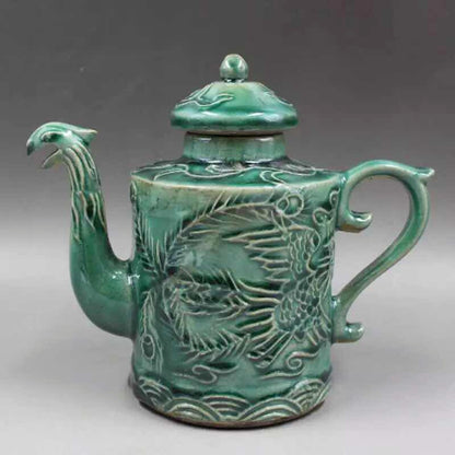 17cm Chinese Antique Song Porcelain Green Glaze Dragon Phoenix Pattern Teapot