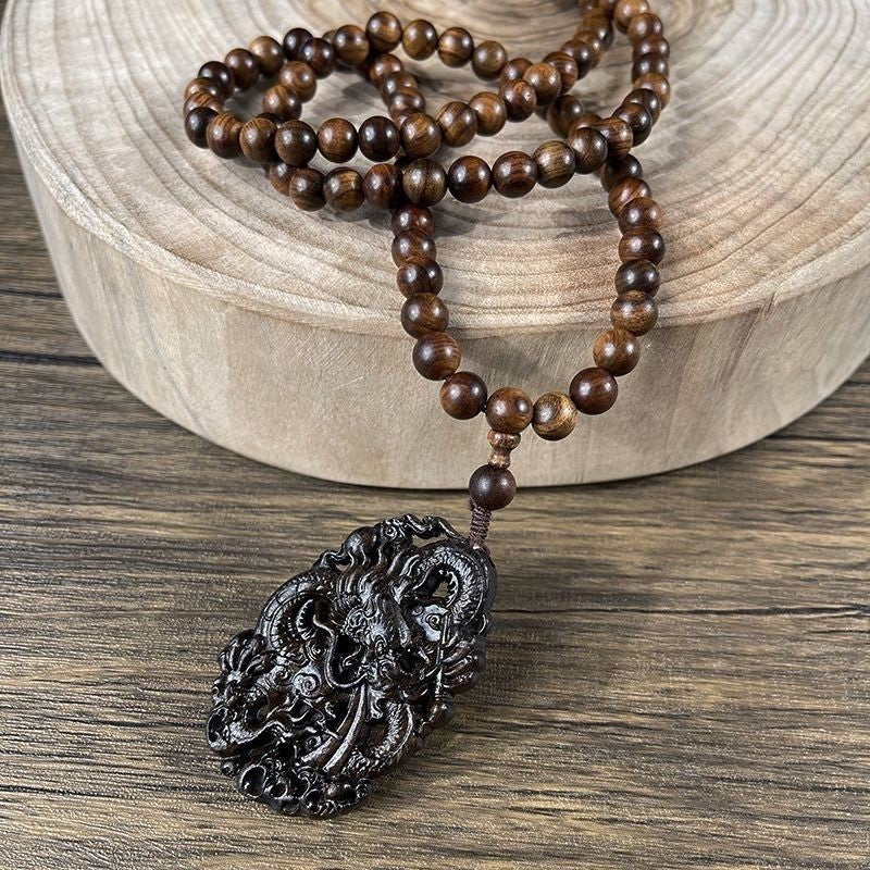 Natural Wood Prayer Beads Necklace Dragon Carving Pendant Men Woman Lucky Gift