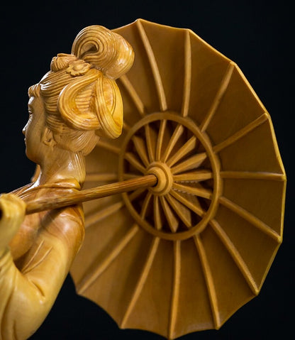 8" Boxwood Carved Oriental Woman Girl Statue Traditional Chinese Beauty Decor