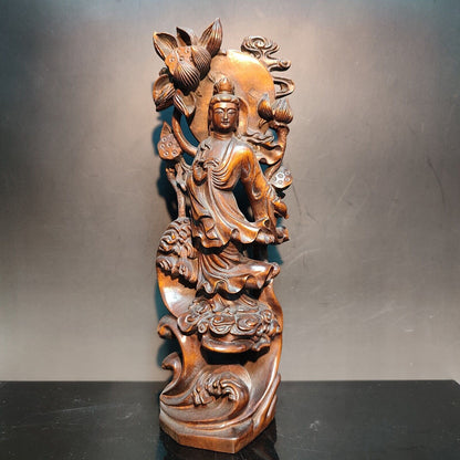 8" Vintage Wooden Carved Holding Lotus Kwan Yin Bodhisattva Statue Wood Figure