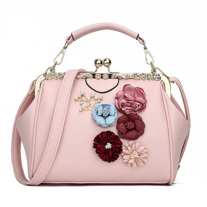 Vintage Flowers Two Straps Shell Lock Bag Synthetic Leather Tote Handbag Purses