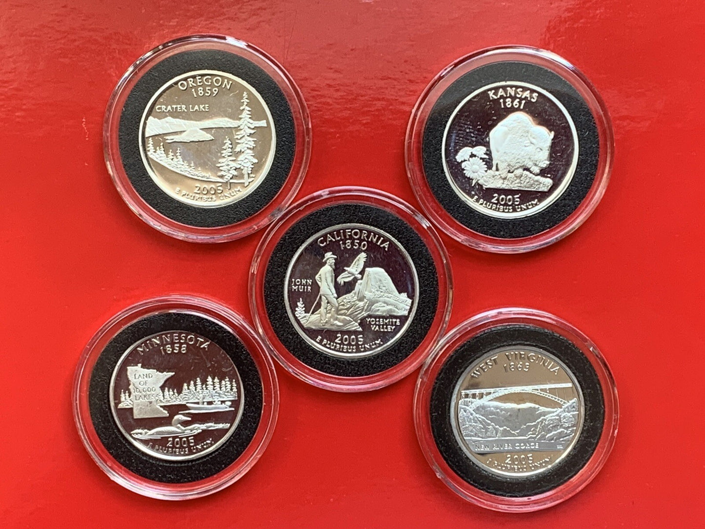2005 S State Quarters Silver GEM Proof 5-Coins Set CA OR MN KS WV States SF Mint
