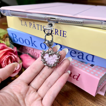 Cute Charms Set for Kindle,Including Y2K Style Heart Grip Holder, Pink Heart Cha