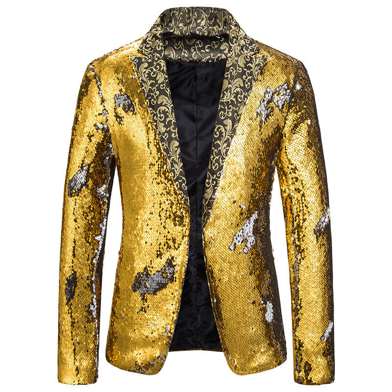 Men Floral Sequin Blazer Suit Jacket Coat One Button Party Clubwear Singer Shiny