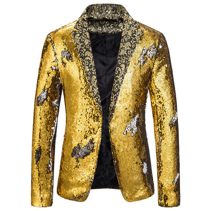Men Floral Sequin Blazer Suit Jacket Coat One Button Party Clubwear Singer Shiny