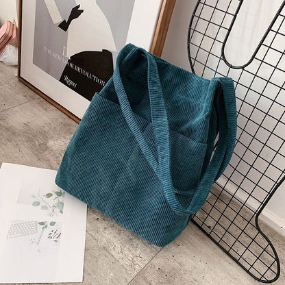 Corduroy Tote Bag Carry Shoulder Bag Retro Handbag Inner Pocket Travel Shopping