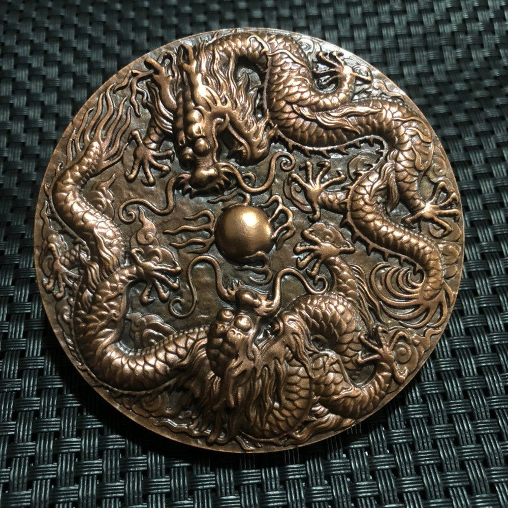 3.0" Exquisite Bronze Double Dragon Play Pearl Collection Commemorative Copper