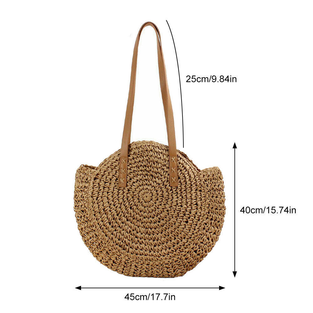 Women Boho Woven Handbag Summer Beach Tote Straw Bag Round Rattan Shoulder Bag