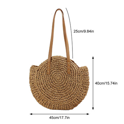 Women Boho Woven Handbag Summer Beach Tote Straw Bag Round Rattan Shoulder Bag