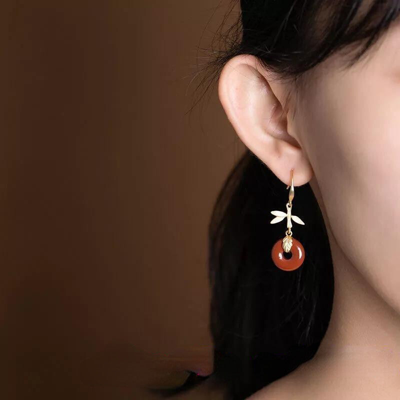 New Vintage Jewelry Red Jade Donut Earrings Women 925 Silver