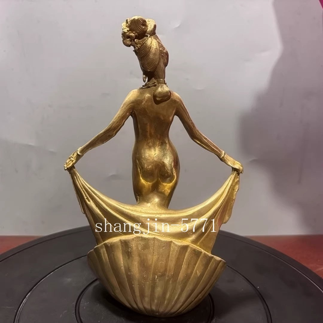 Chinese Ancient Brass Carved Naked Girl Bathing Statue Yang Guifei Beauty Decor