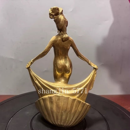 Chinese Ancient Brass Carved Naked Girl Bathing Statue Yang Guifei Beauty Decor