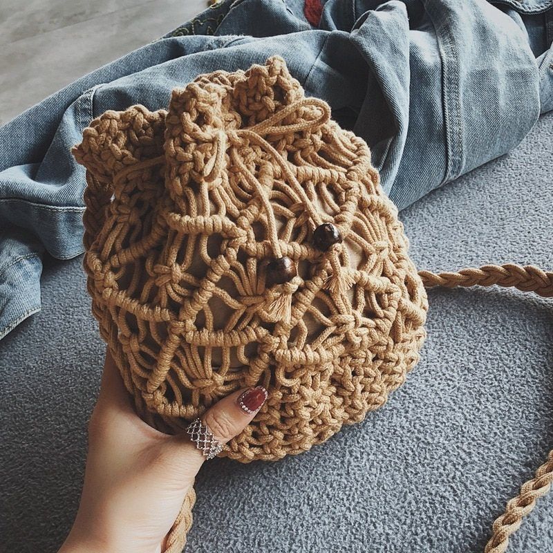 Cotton Rope Woven Shoulder Bag Handmade Knitted Bucket Bag Handbags 16*20*10 CM