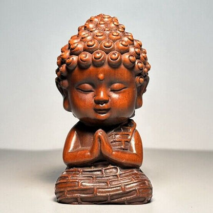 Vintage Chinese Boxwood Carved Baby Buddha Statue Ornament Wooden Figurine Gift