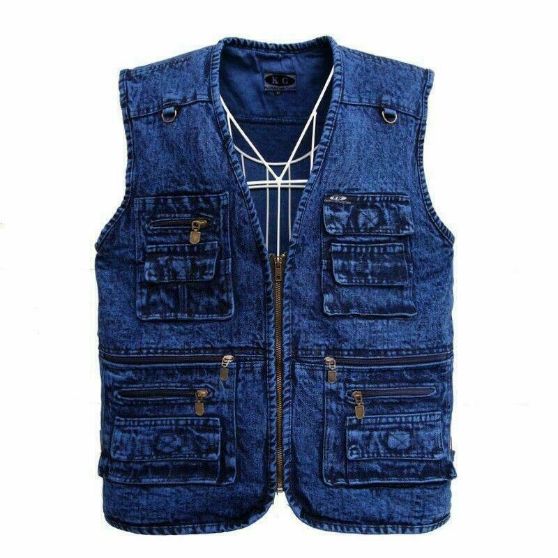New Men Sleeveless Multipockets Denim Waistcoat Fishing Vest Gilet Tops V Neck @