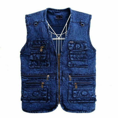 New Men Sleeveless Multipockets Denim Waistcoat Fishing Vest Gilet Tops V Neck @
