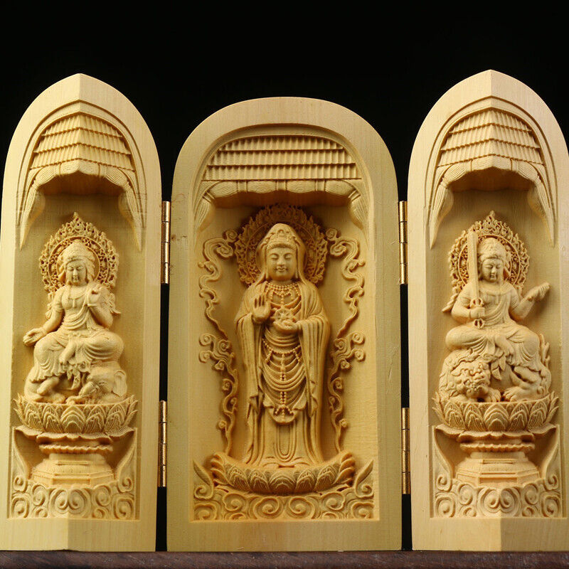 Buddha Statue Carved Wooden Sculpture Decor Three Open Box Home Ornaments NEW