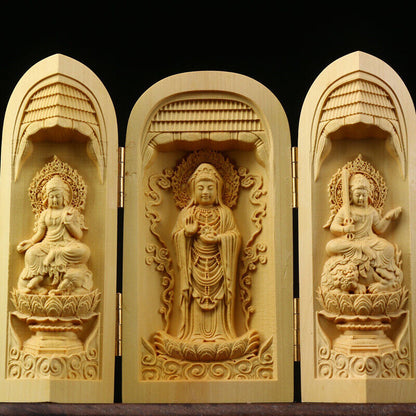 Buddha Statue Carved Wooden Sculpture Decor Three Open Box Home Ornaments NEW