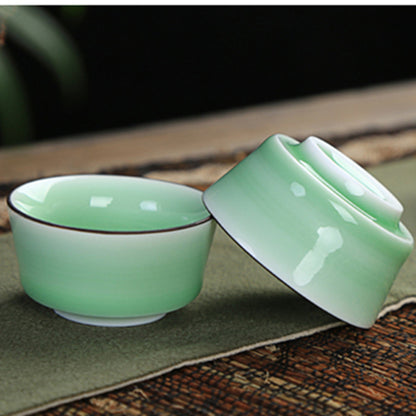 Tea Pot + Six Matching Tea Cups Green Porcelain Tea Set Fish Carved China Pots