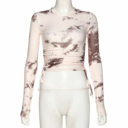 Women T-Shirt Tie Dye Ribbed Long Sleeve Drawstring Crop Tops Skinny Streetwear