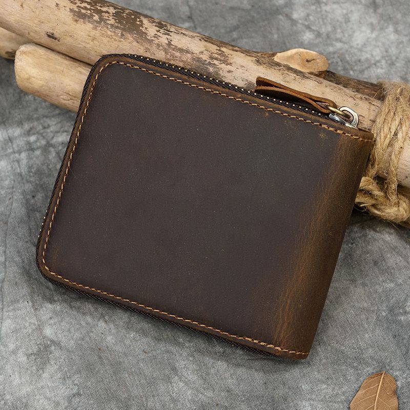 Genuine Leather Zipper Wallet Cowskin Short Purse Coin Pocket Zip Card Bag Small