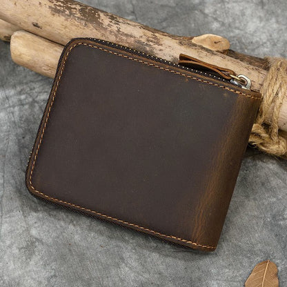 Genuine Leather Zipper Wallet Cowskin Short Purse Coin Pocket Zip Card Bag Small