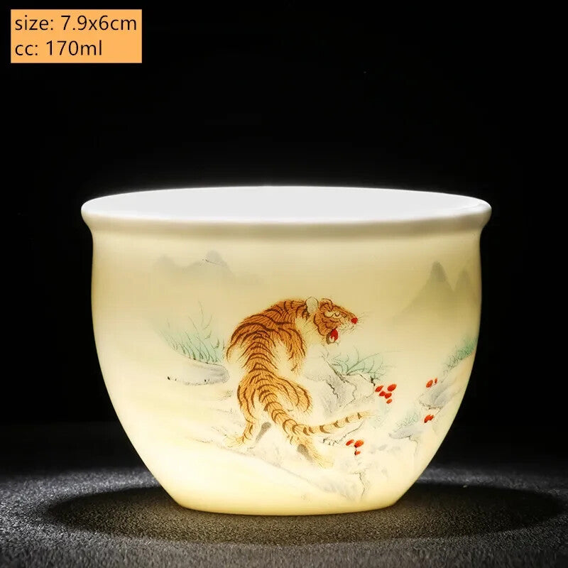Jade Ceramic Tea Cup Zodiac Tiger Tea Cup Master Cup White Porcelain Tea Set
