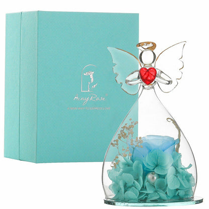 Real Rose Angel In Glass Dome Preserved Flowers Wedding Birthday Gifts 2.9 x4.3"