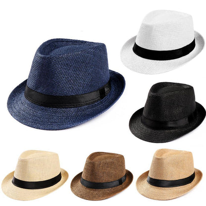 Unisex Straw Fedora Panama Hat Summer Sun Short Brim Floral Trilby Cuban Cap Hat
