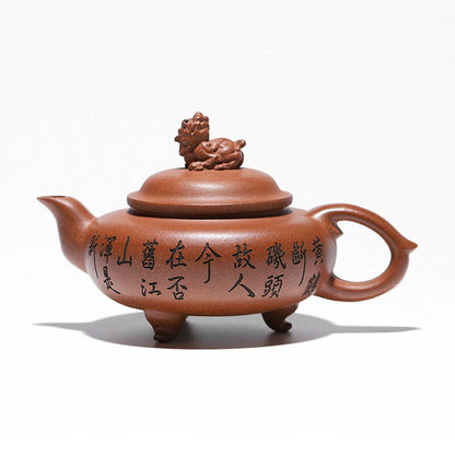 Yixing Aged Duan Clay Kylin Teapot Handcarved Auspicious Triple-foot Collectible