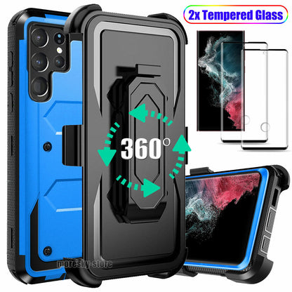 Case For Galaxy S22 5G Ultra + Clip Belt Stand Cover / Tempered Glass Protector