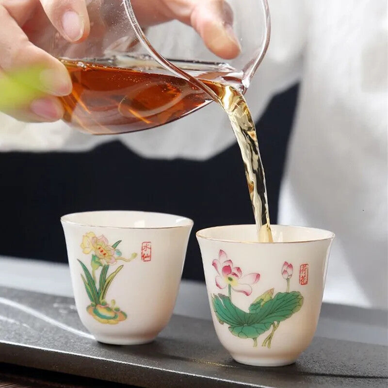 2.08" Chinese Ceramic Teacup Travel Meditation Hand Painted Lotus Leaf Tea Bowl